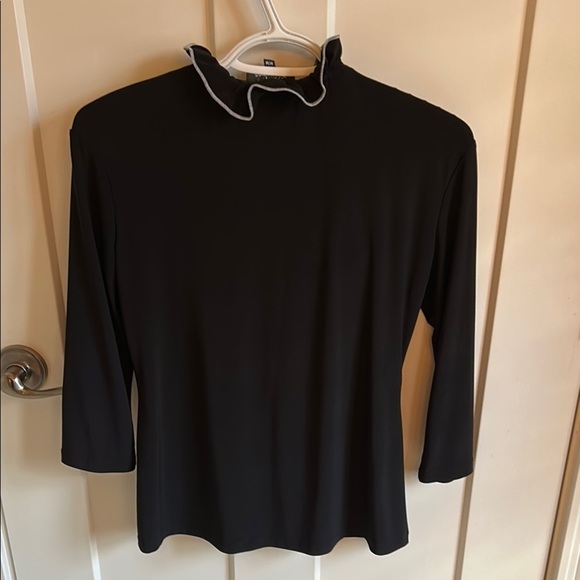 Black Ruffled Rosette Neck Asymmetrical 3/4 Sleeve Top, made in Canada, size M - Picture 5 of 5